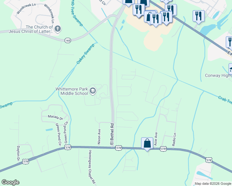 map of restaurants, bars, coffee shops, grocery stores, and more near El Bethel Road in Conway