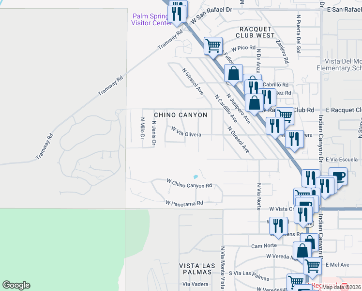 map of restaurants, bars, coffee shops, grocery stores, and more near 901 West Vía Livorno in Palm Springs