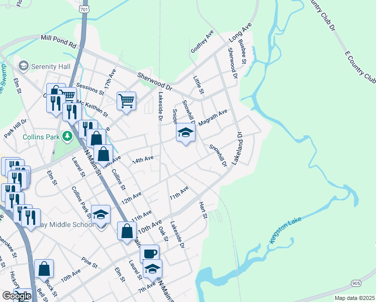 map of restaurants, bars, coffee shops, grocery stores, and more near 1101 Snowhill Drive in Conway