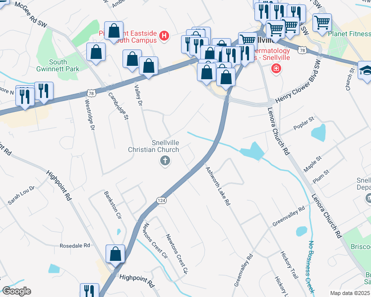 map of restaurants, bars, coffee shops, grocery stores, and more near 2465 Scenic Highway South in Snellville