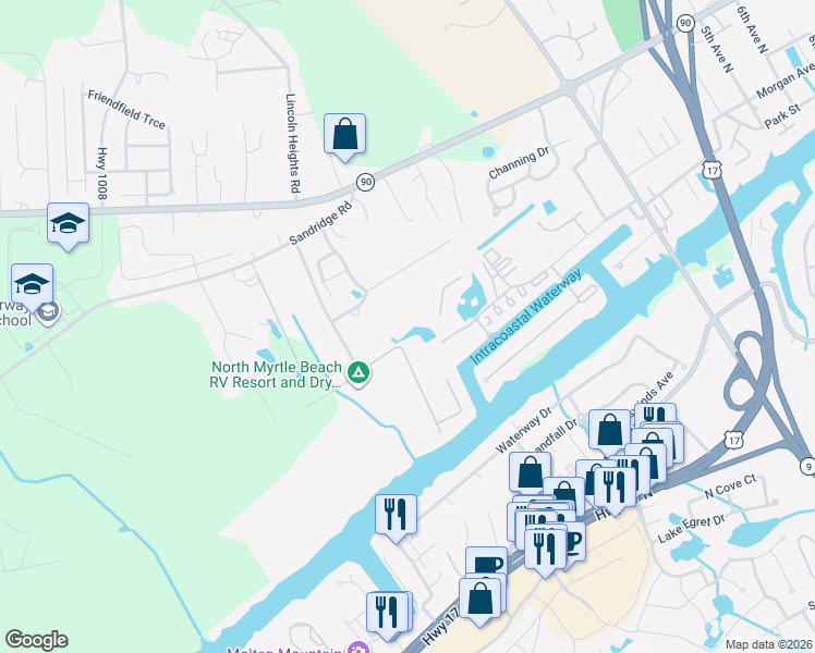 map of restaurants, bars, coffee shops, grocery stores, and more near 271 Old Crane Road in Little River