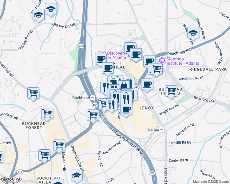 map of restaurants, bars, coffee shops, grocery stores, and more near 3388 Peachtree Road Northeast in Atlanta