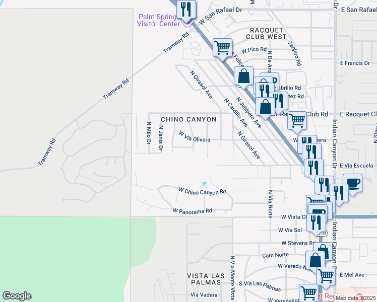 map of restaurants, bars, coffee shops, grocery stores, and more near 2222 North Palermo Drive in Palm Springs