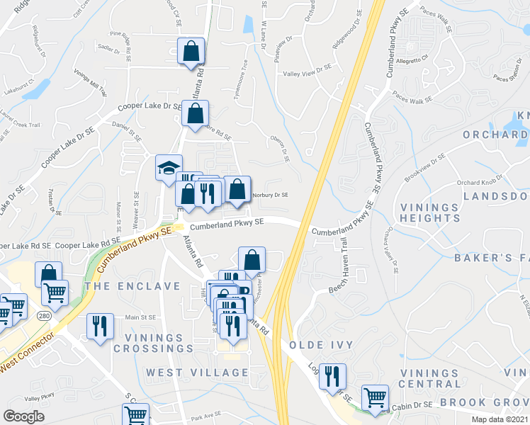 map of restaurants, bars, coffee shops, grocery stores, and more near 2310 Norbury Cove SE in Smyrna