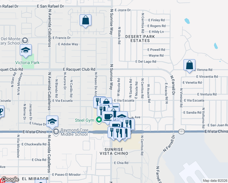 map of restaurants, bars, coffee shops, grocery stores, and more near 2260 North Sunrise Way in Palm Springs