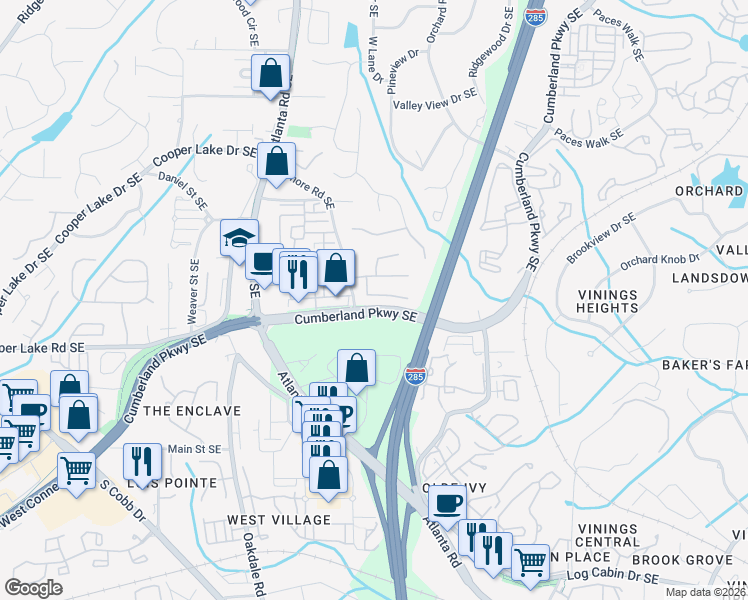 map of restaurants, bars, coffee shops, grocery stores, and more near 2310 Norbury Cove Southeast in Smyrna