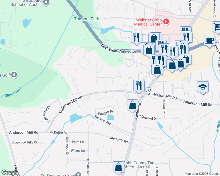map of restaurants, bars, coffee shops, grocery stores, and more near 2016 Anderson Mill Road in Austell