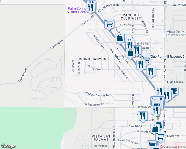 map of restaurants, bars, coffee shops, grocery stores, and more near 901 West Vía Livorno in Palm Springs
