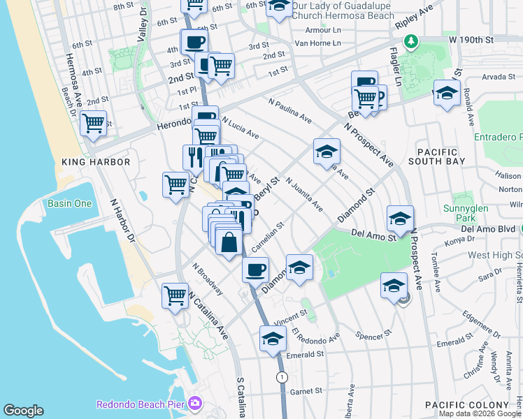 map of restaurants, bars, coffee shops, grocery stores, and more near 620 North Guadalupe Avenue in Redondo Beach