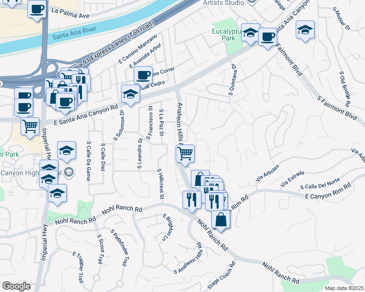 map of restaurants, bars, coffee shops, grocery stores, and more near 308 South San Vicente Lane in Anaheim