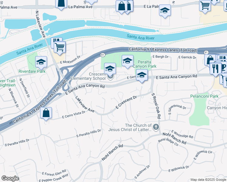 map of restaurants, bars, coffee shops, grocery stores, and more near 5059 East Crescent Drive in Anaheim