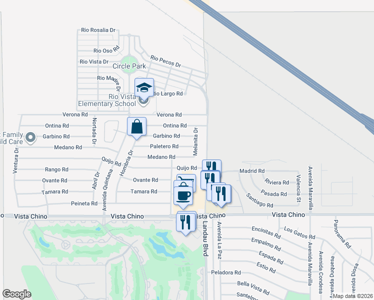 map of restaurants, bars, coffee shops, grocery stores, and more near 67815 Medano Road in Cathedral City