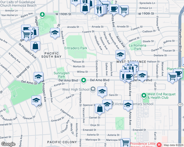map of restaurants, bars, coffee shops, grocery stores, and more near 5318 Wilma Street in Torrance