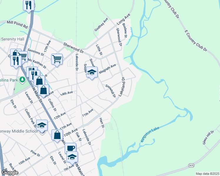map of restaurants, bars, coffee shops, grocery stores, and more near 1101 Snowhill Drive in Conway