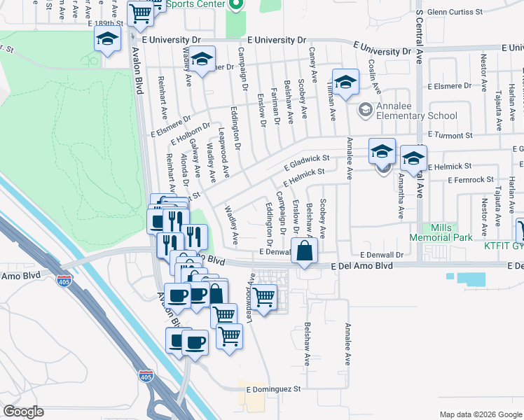 map of restaurants, bars, coffee shops, grocery stores, and more near 929 East Diamondale Drive in Carson