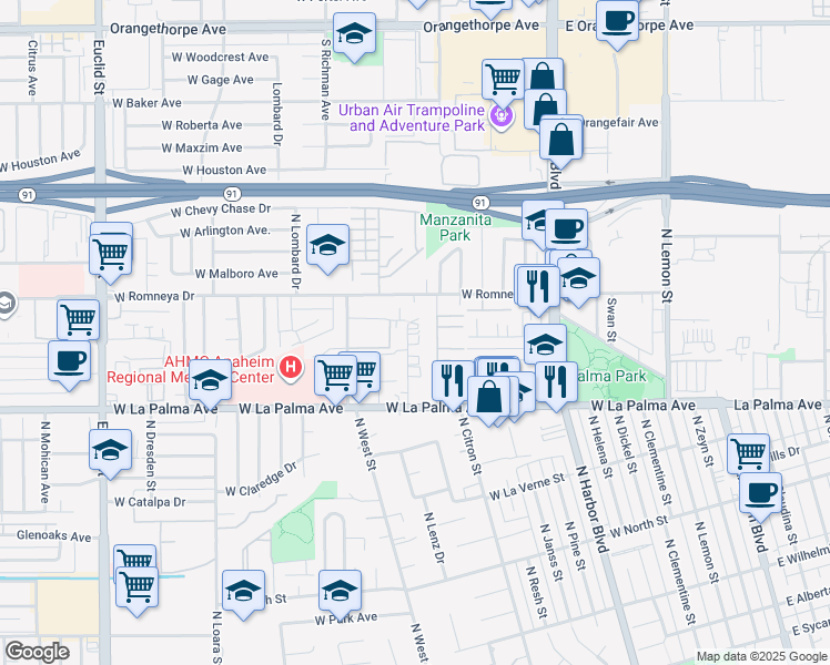 map of restaurants, bars, coffee shops, grocery stores, and more near 1168 North Mayfair Avenue in Anaheim