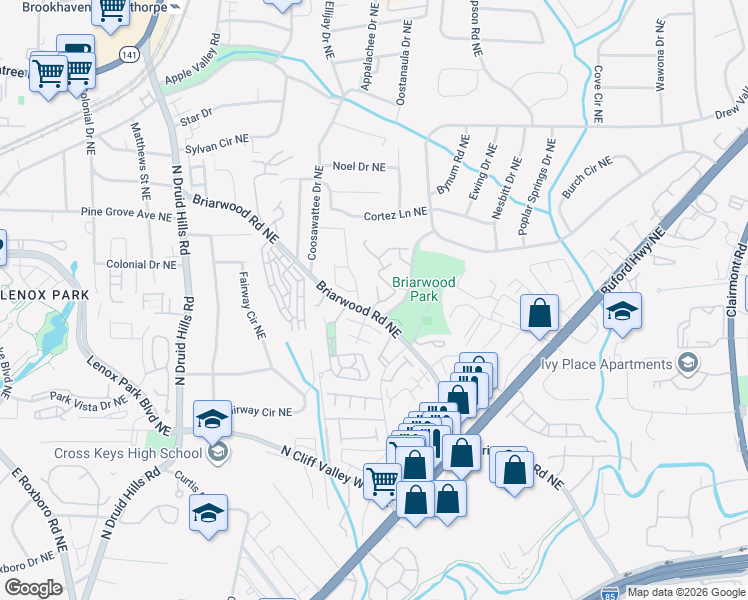 map of restaurants, bars, coffee shops, grocery stores, and more near 1441 Briarwood Road Northeast in Atlanta
