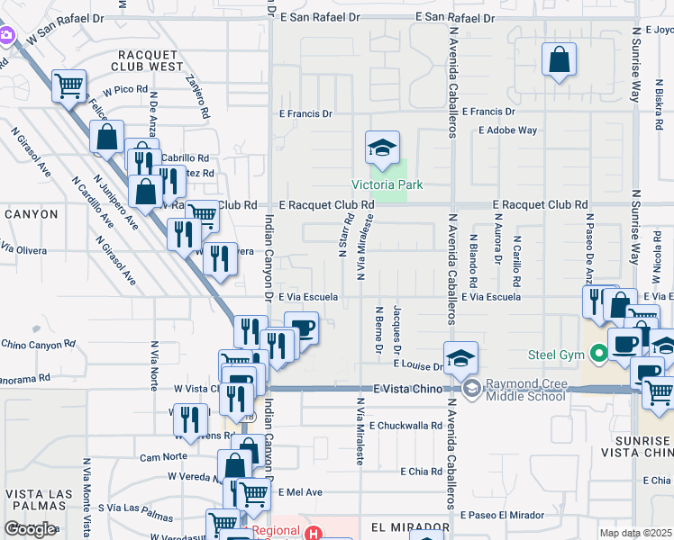 map of restaurants, bars, coffee shops, grocery stores, and more near 2211 North Starr Road in Palm Springs