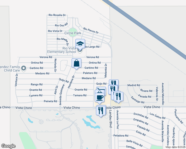 map of restaurants, bars, coffee shops, grocery stores, and more near 67785 Paletero Road in Cathedral City