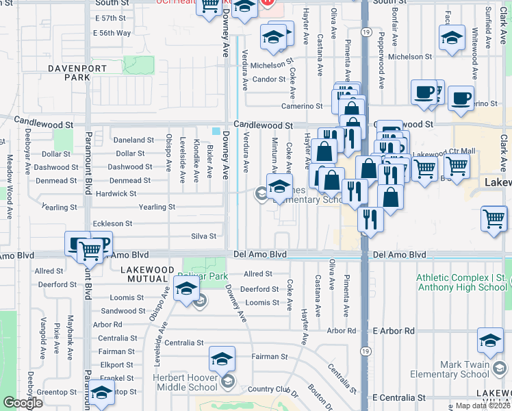 map of restaurants, bars, coffee shops, grocery stores, and more near 5013 Barlin Avenue in Lakewood