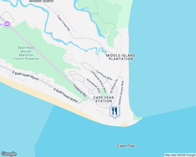 map of restaurants, bars, coffee shops, grocery stores, and more near Chicamacomico Way in Bald Head Island