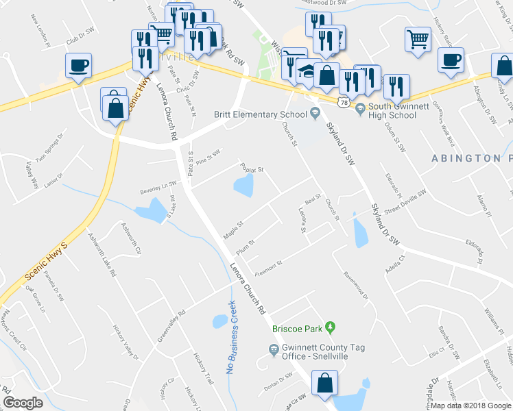 map of restaurants, bars, coffee shops, grocery stores, and more near 2555 Maple Street in Snellville