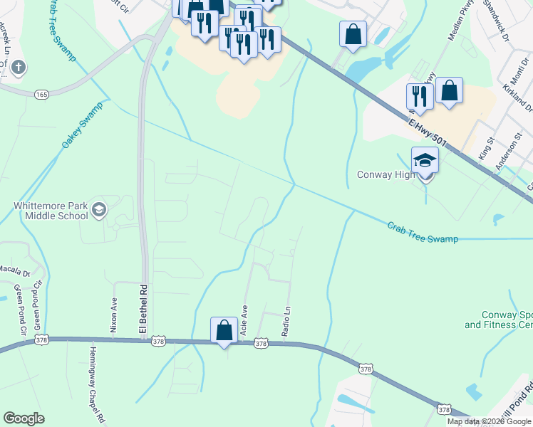 map of restaurants, bars, coffee shops, grocery stores, and more near 2346 West Road in Conway