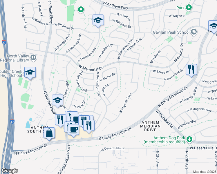 map of restaurants, bars, coffee shops, grocery stores, and more near 40129 North Faith Lane in New River