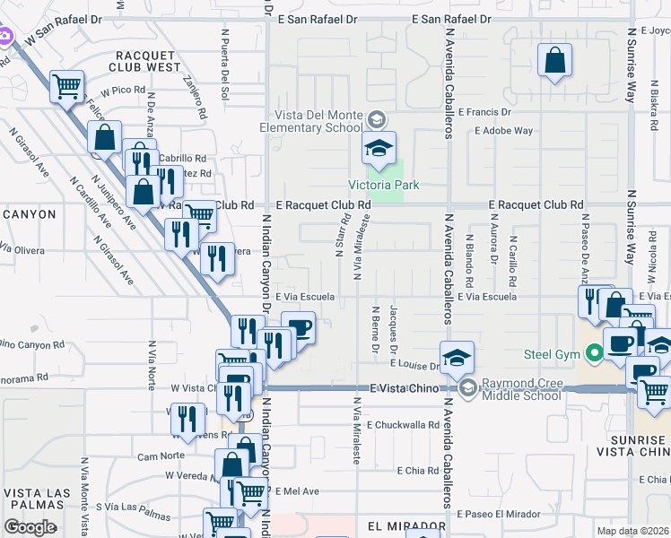 map of restaurants, bars, coffee shops, grocery stores, and more near 2155 North Starr Road in Palm Springs