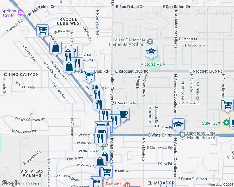 map of restaurants, bars, coffee shops, grocery stores, and more near 2146 North Indian Canyon Drive in Palm Springs