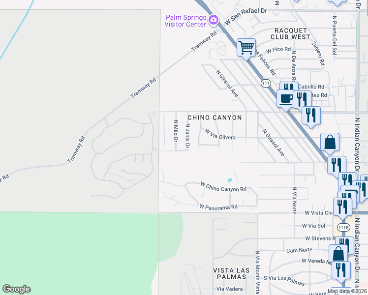 map of restaurants, bars, coffee shops, grocery stores, and more near 2200 North Janis Drive in Palm Springs