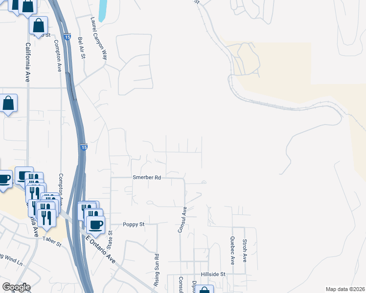 map of restaurants, bars, coffee shops, grocery stores, and more near 18641 Holiday Hill Court in Corona