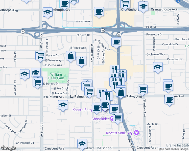 map of restaurants, bars, coffee shops, grocery stores, and more near 7690 El Escorial Way in Buena Park