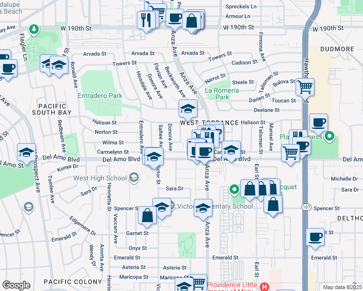 map of restaurants, bars, coffee shops, grocery stores, and more near 5108 Carmelynn Street in Torrance
