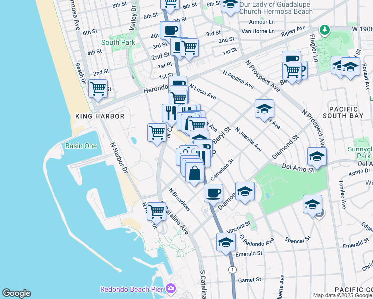 map of restaurants, bars, coffee shops, grocery stores, and more near in Redondo Beach