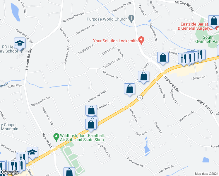 map of restaurants, bars, coffee shops, grocery stores, and more near 3402 Birchwood Trail in Snellville