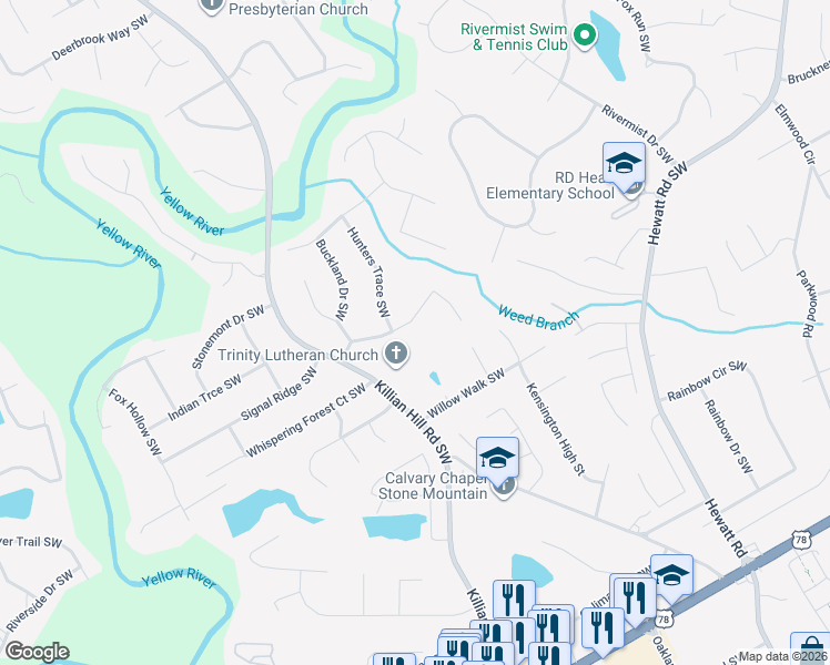 map of restaurants, bars, coffee shops, grocery stores, and more near 1843 Windcrest Drive Southwest in Lilburn