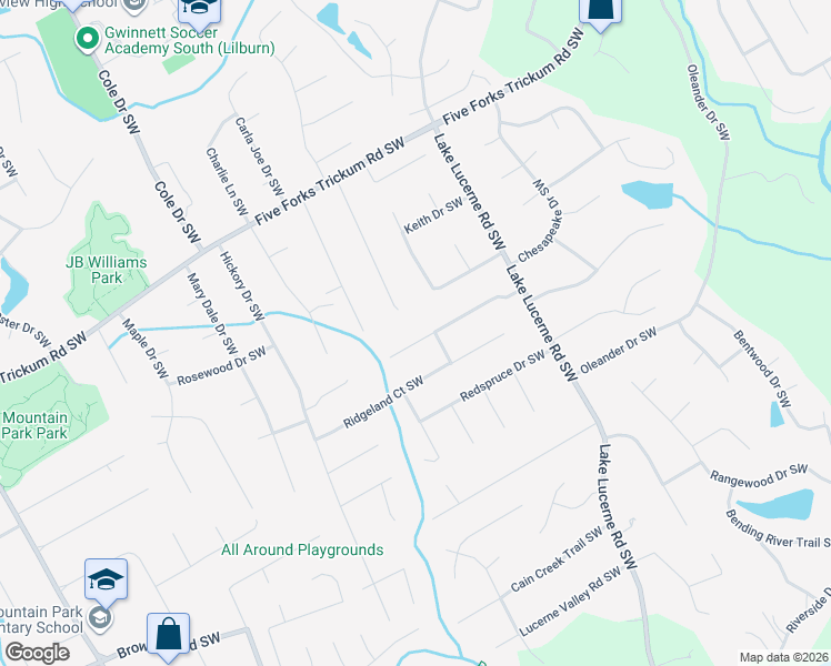 map of restaurants, bars, coffee shops, grocery stores, and more near 4621 Ridgeland Drive Southwest in Lilburn