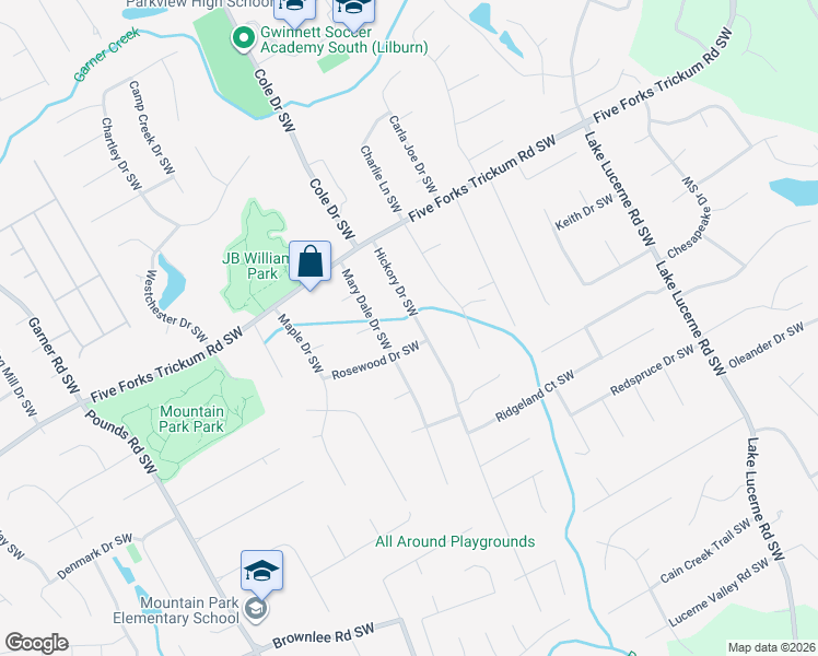 map of restaurants, bars, coffee shops, grocery stores, and more near 1302 Marydale Drive Southwest in Lilburn