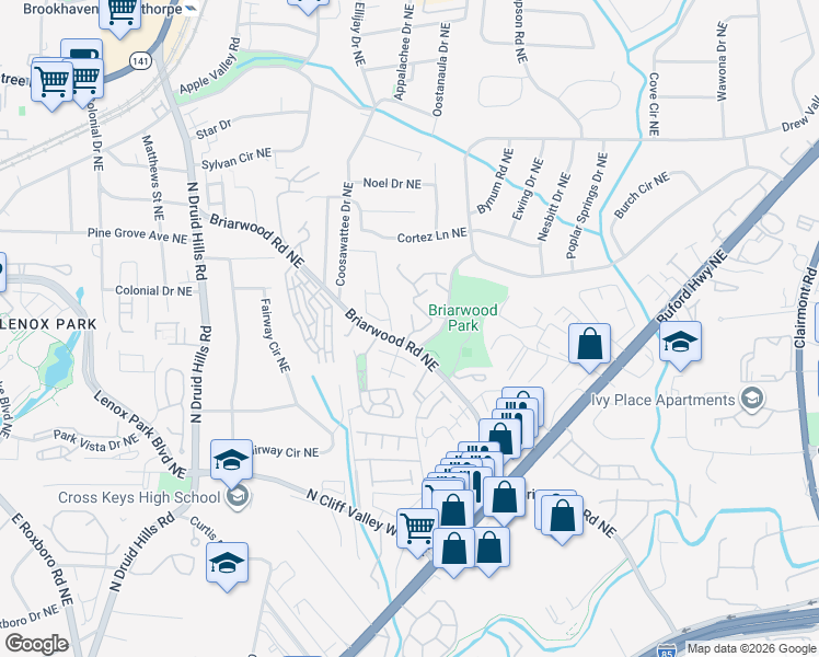 map of restaurants, bars, coffee shops, grocery stores, and more near 1441 Briarwood Road Northeast in Atlanta