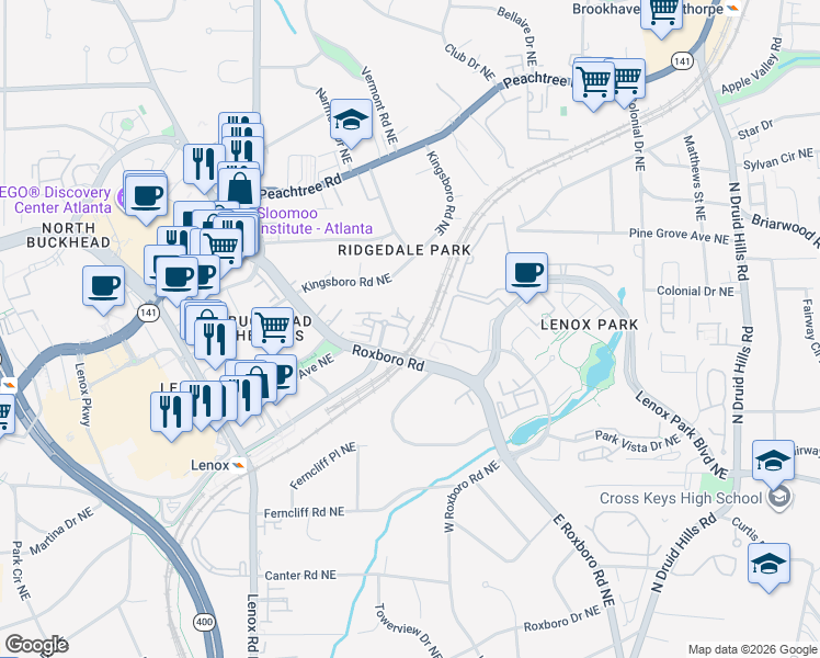 map of restaurants, bars, coffee shops, grocery stores, and more near 3637 Roxboro Road Northeast in Atlanta