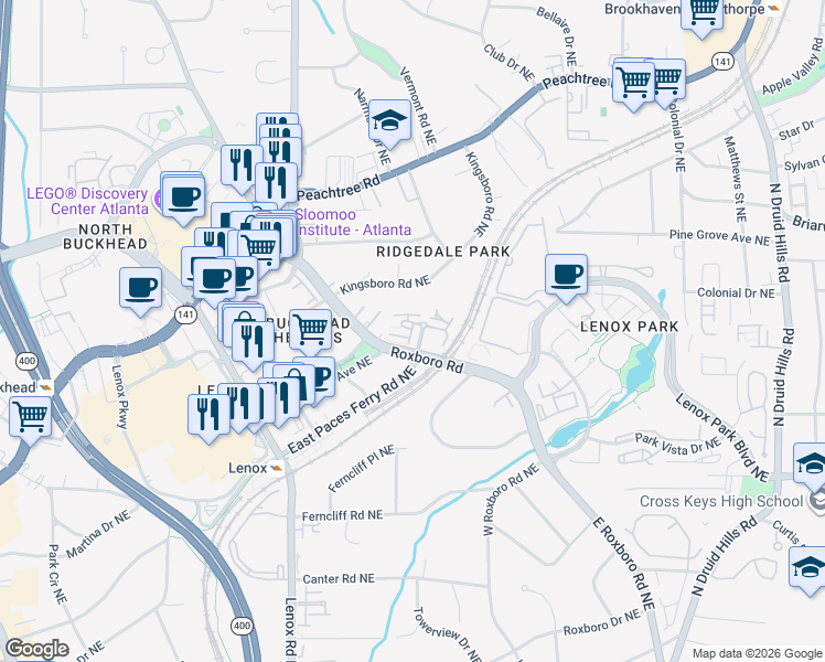 map of restaurants, bars, coffee shops, grocery stores, and more near 1022 East Paces Chase in Atlanta