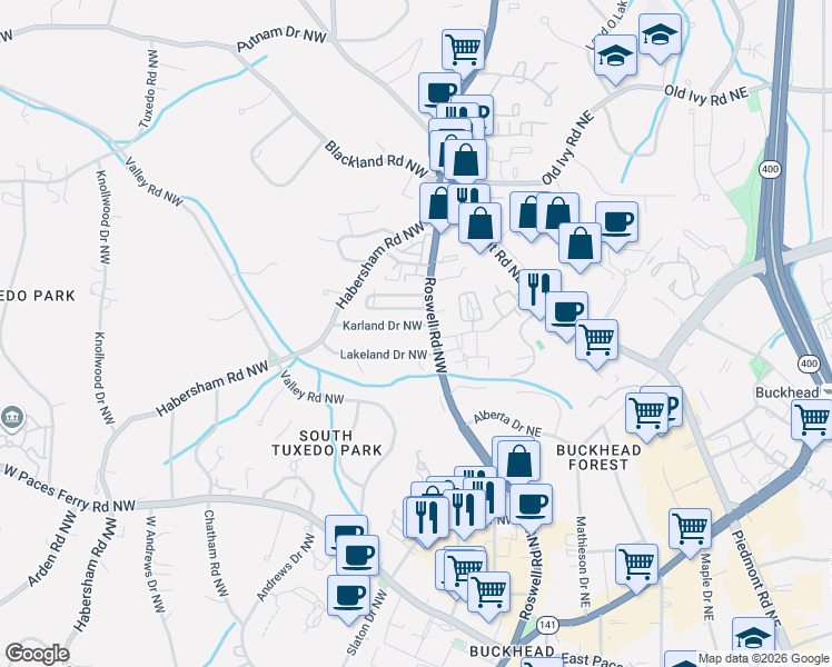 map of restaurants, bars, coffee shops, grocery stores, and more near 45 Lakeland Drive Northwest in Atlanta