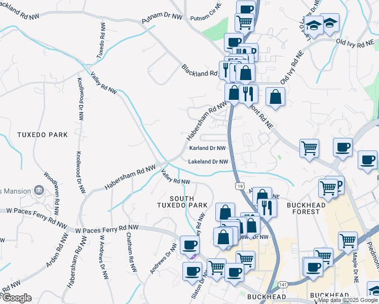 map of restaurants, bars, coffee shops, grocery stores, and more near 114 Karland Drive Northwest in Atlanta