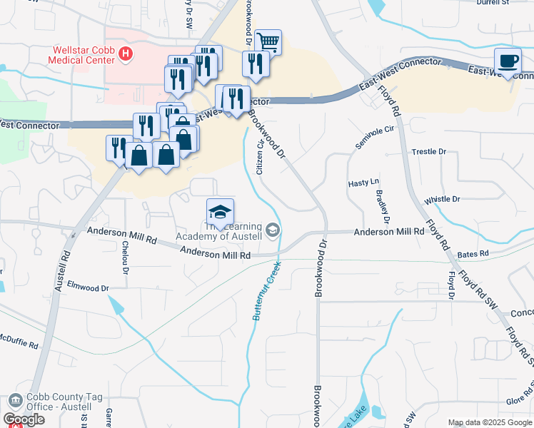 map of restaurants, bars, coffee shops, grocery stores, and more near 4370 Tradition Terrace in Austell