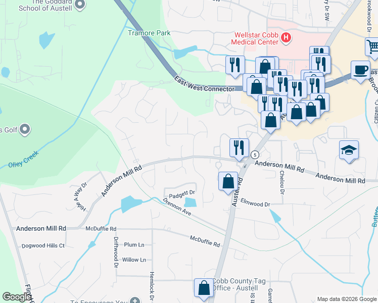 map of restaurants, bars, coffee shops, grocery stores, and more near 2016 Anderson Mill Road in Austell