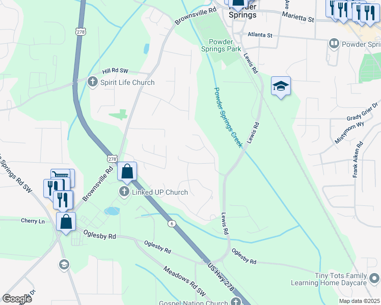 map of restaurants, bars, coffee shops, grocery stores, and more near 4607 Underwood Walk in Powder Springs