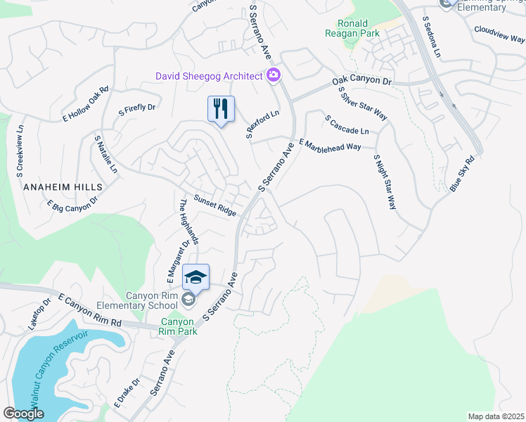 map of restaurants, bars, coffee shops, grocery stores, and more near 1041 South San Marino Way in Anaheim