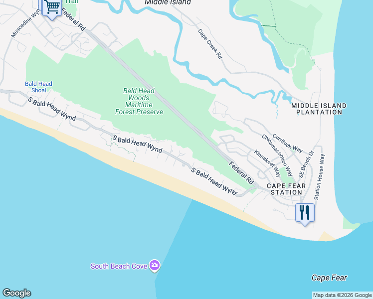 map of restaurants, bars, coffee shops, grocery stores, and more near 968 S Bald Head Wynd in Bald Head Island