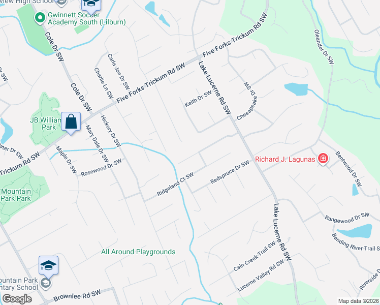 map of restaurants, bars, coffee shops, grocery stores, and more near 4632 Ridgeland Drive Southwest in Lilburn